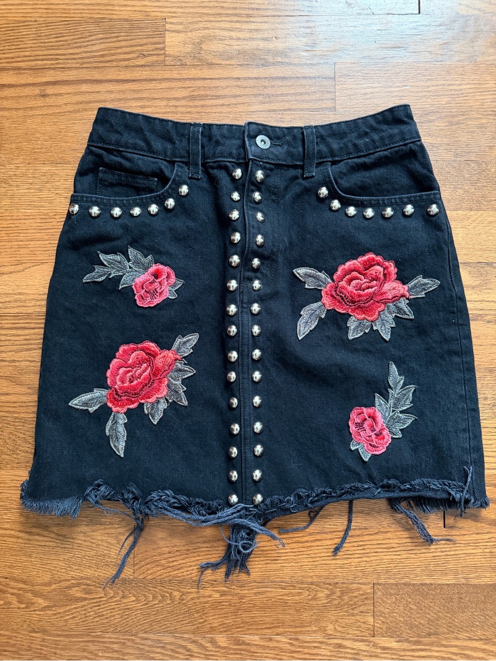 Carmar Denim Black Mini Skirt with Rose Embroidery and Silver Studs | Size 28